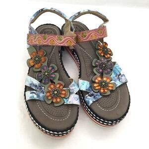 L'Artiste by Spring Step Janayle-Blum Floral Leather Platform Sandal Sz US 11.5